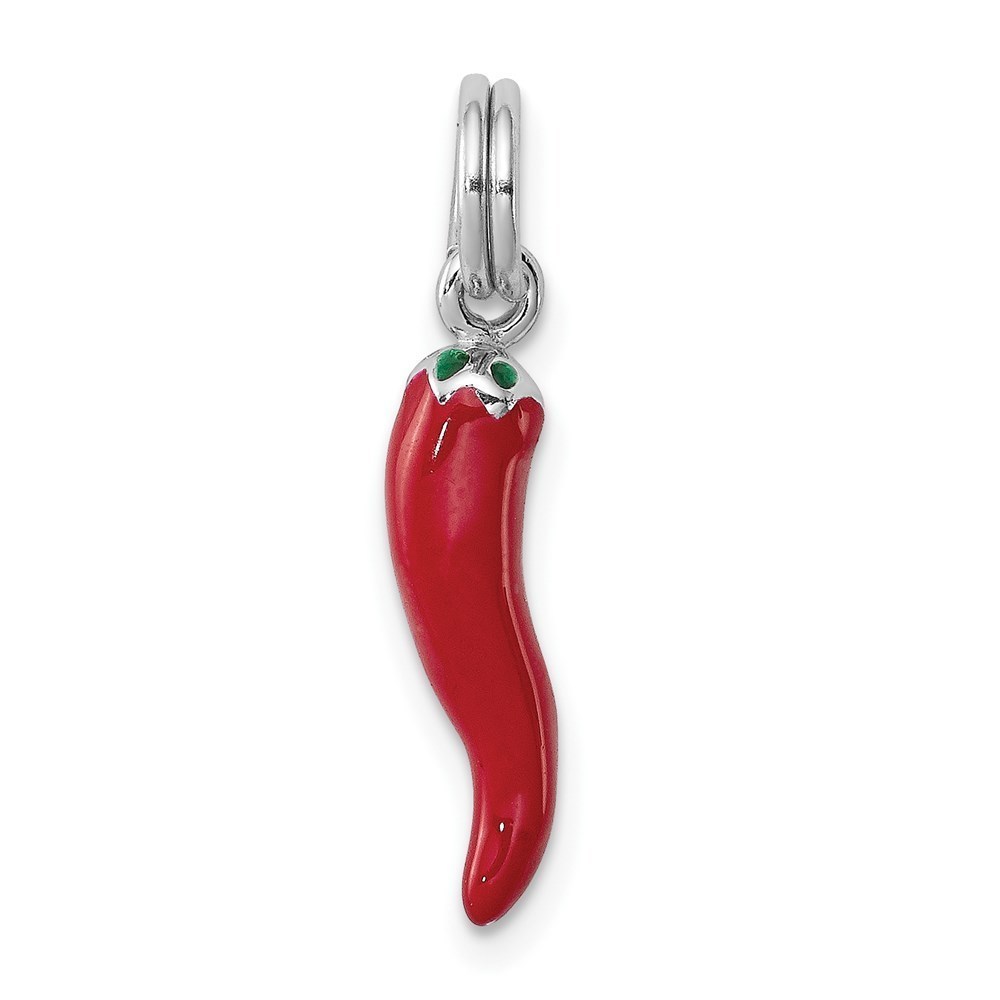 925 Sterling Silver Red Enamel with Green Enamel Accent Pepper Charm Pendant